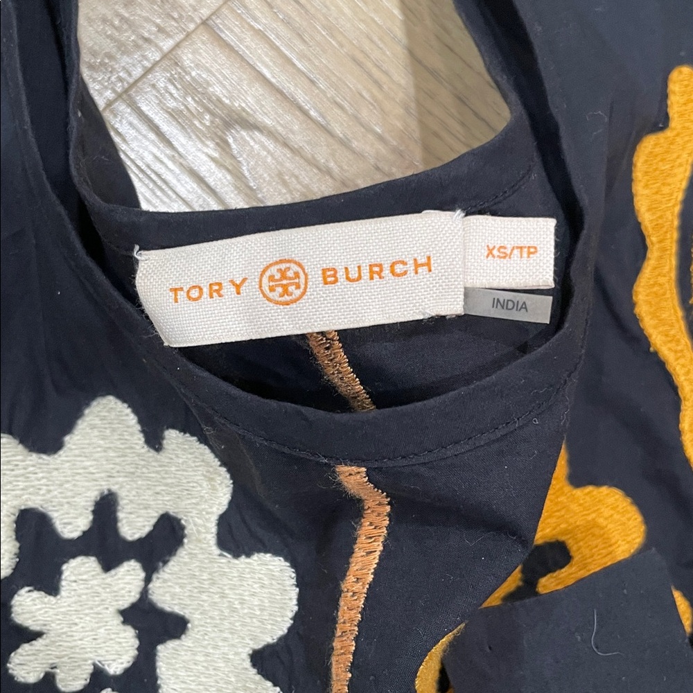 Tory Burch Belted Embroidered Cotton Midi Dress | Size XS | Black, Yellow, Cream - Picture 5 of 6